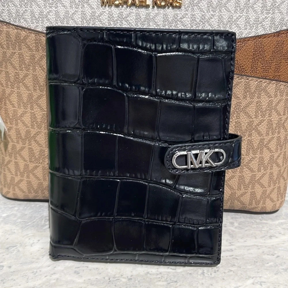 Michael Kors Empire Metallic Crocodile Embossed Leather Passport Wallet Black